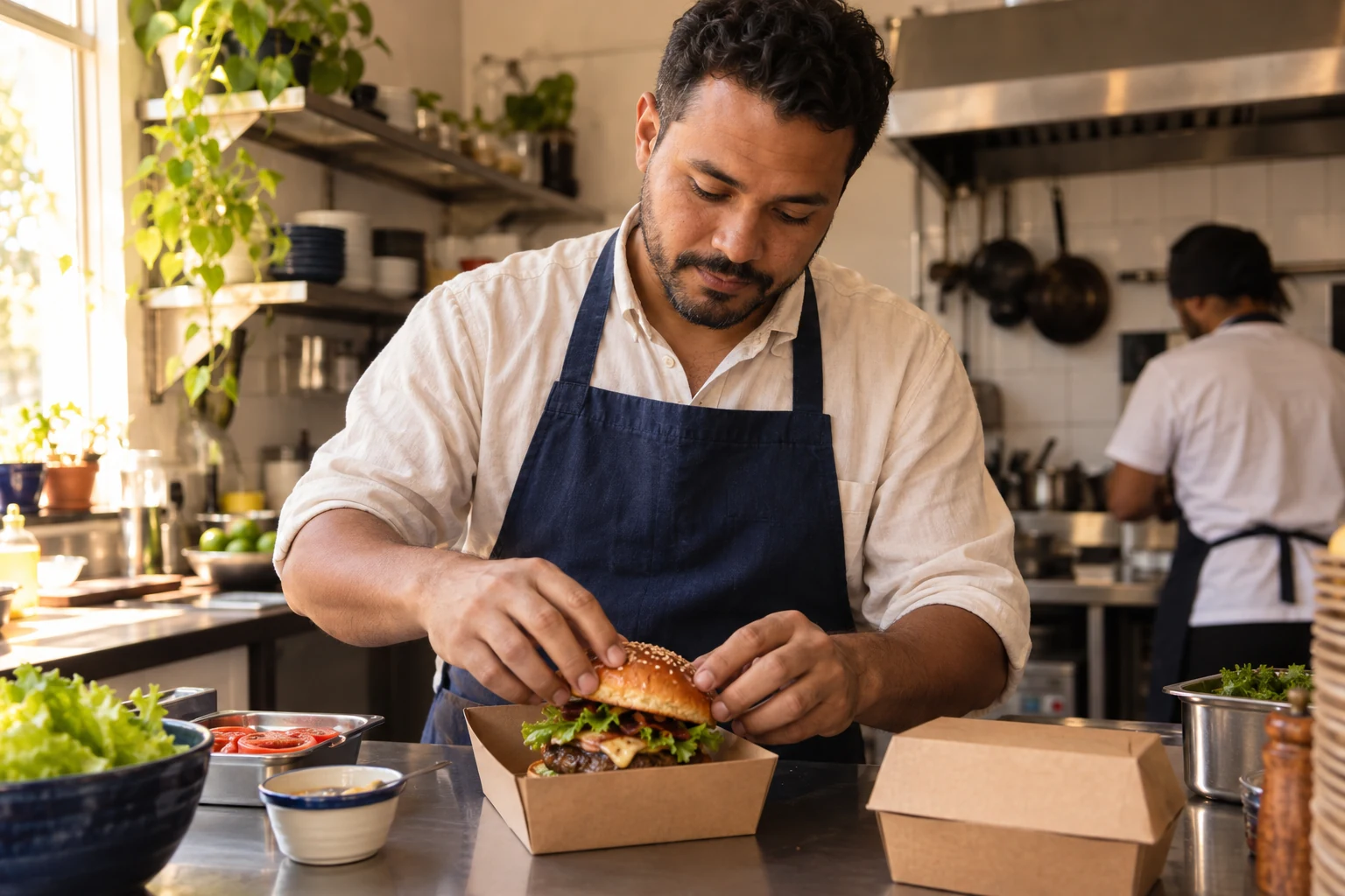 Cozinheiro montando um hambúrguer em uma embalagem para entrega